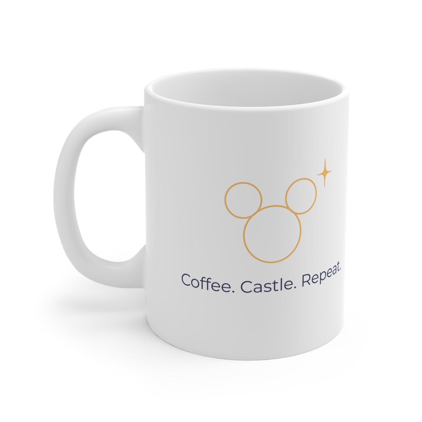 White ceramic mug with 'Coffee. Castle. Repeat.' phrase