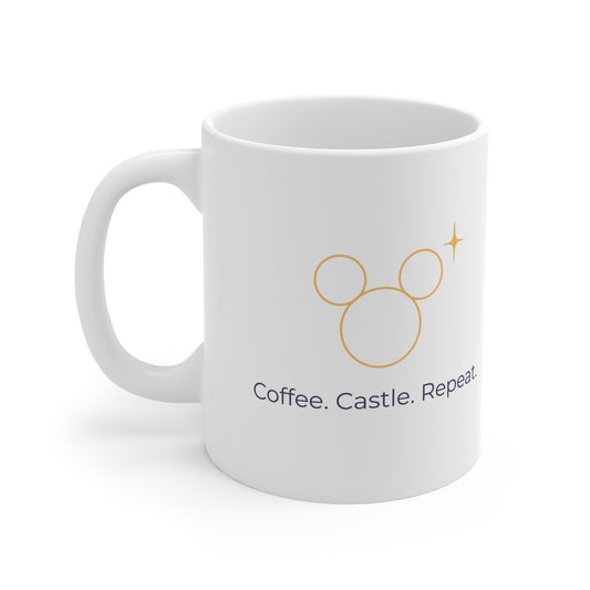 White ceramic mug with 'Coffee. Castle. Repeat.' phrase