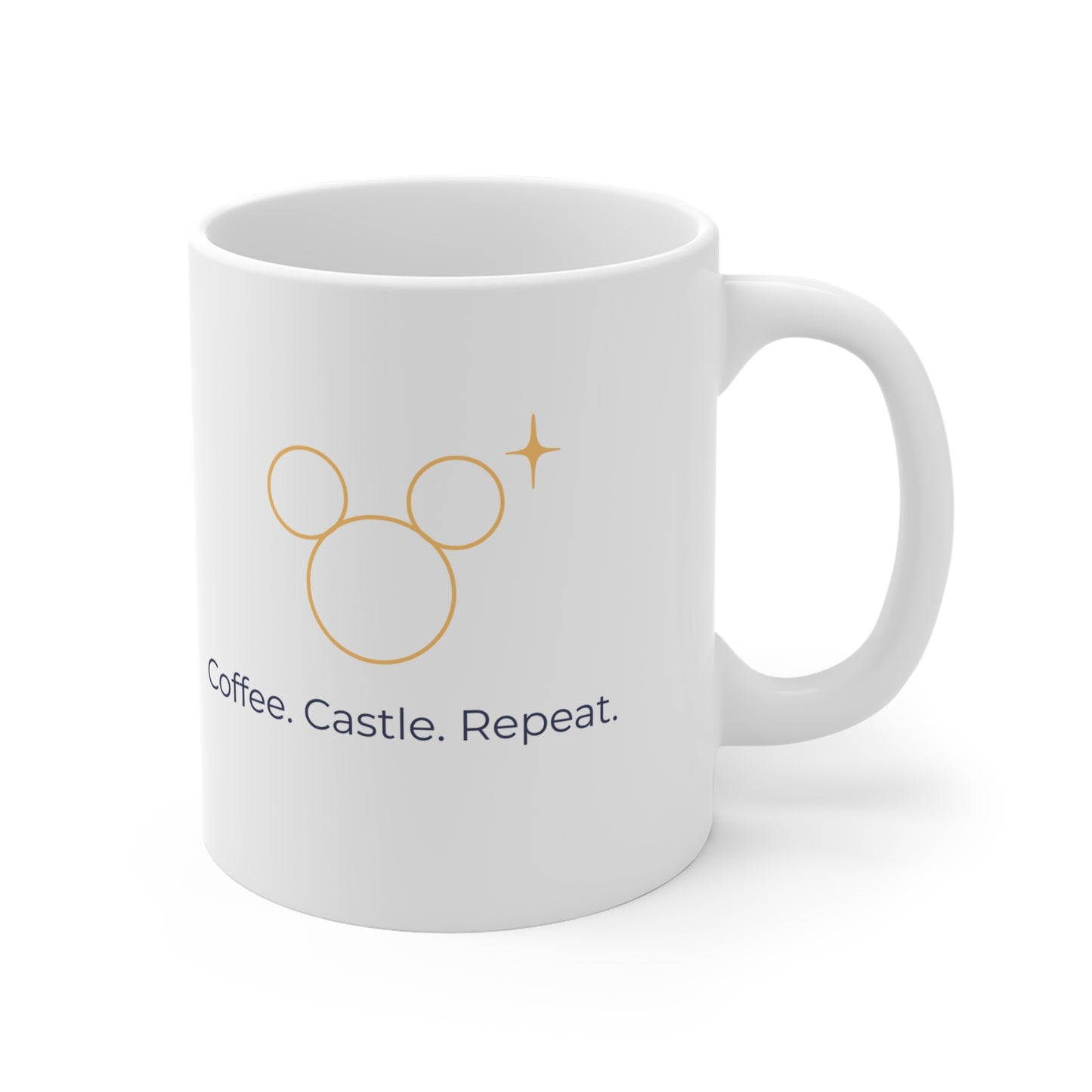 White ceramic mug with 'Coffee. Castle. Repeat.' phrase