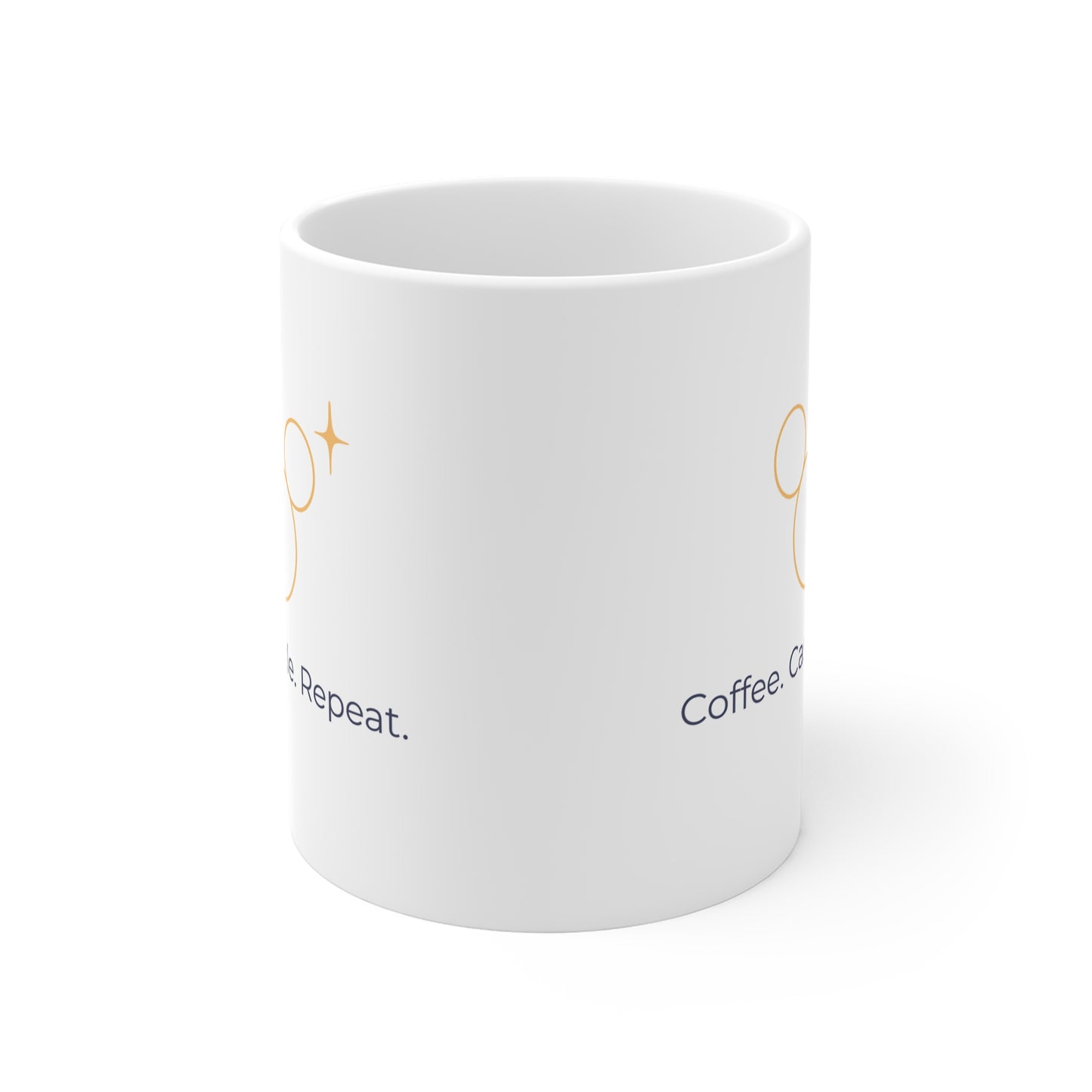 White ceramic mug with 'Coffee. Castle. Repeat.' phrase