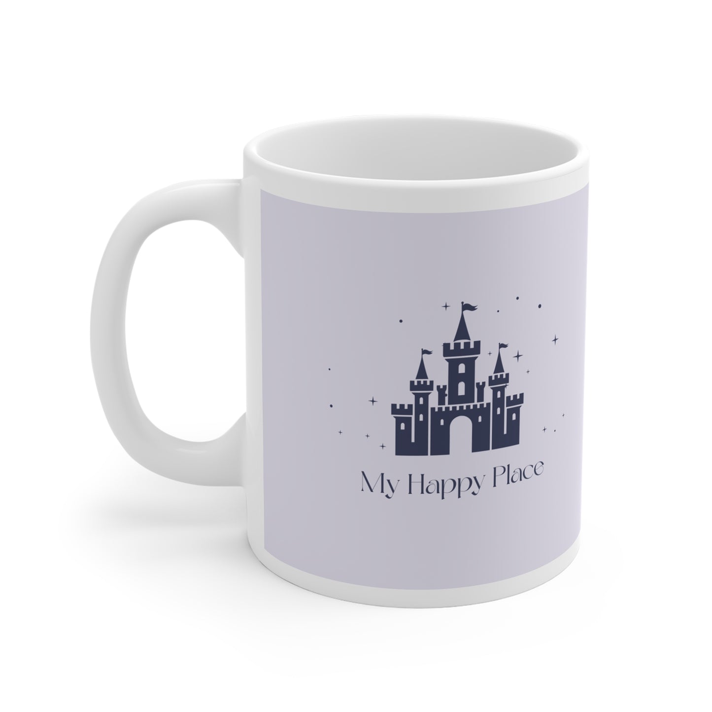 White ceramic mug with 'My Happy Place' quote in whimsical font
