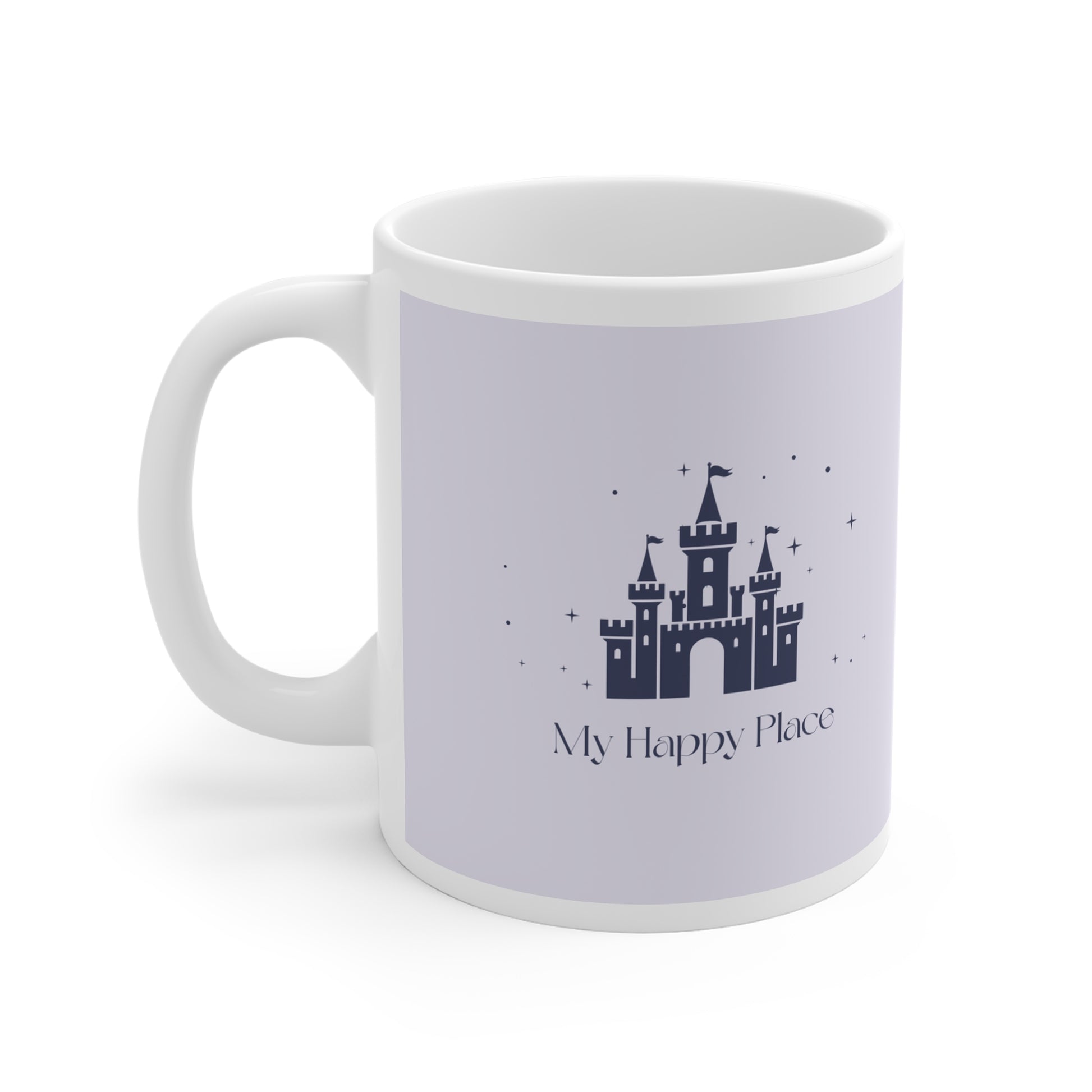 White ceramic mug with 'My Happy Place' quote in whimsical font
