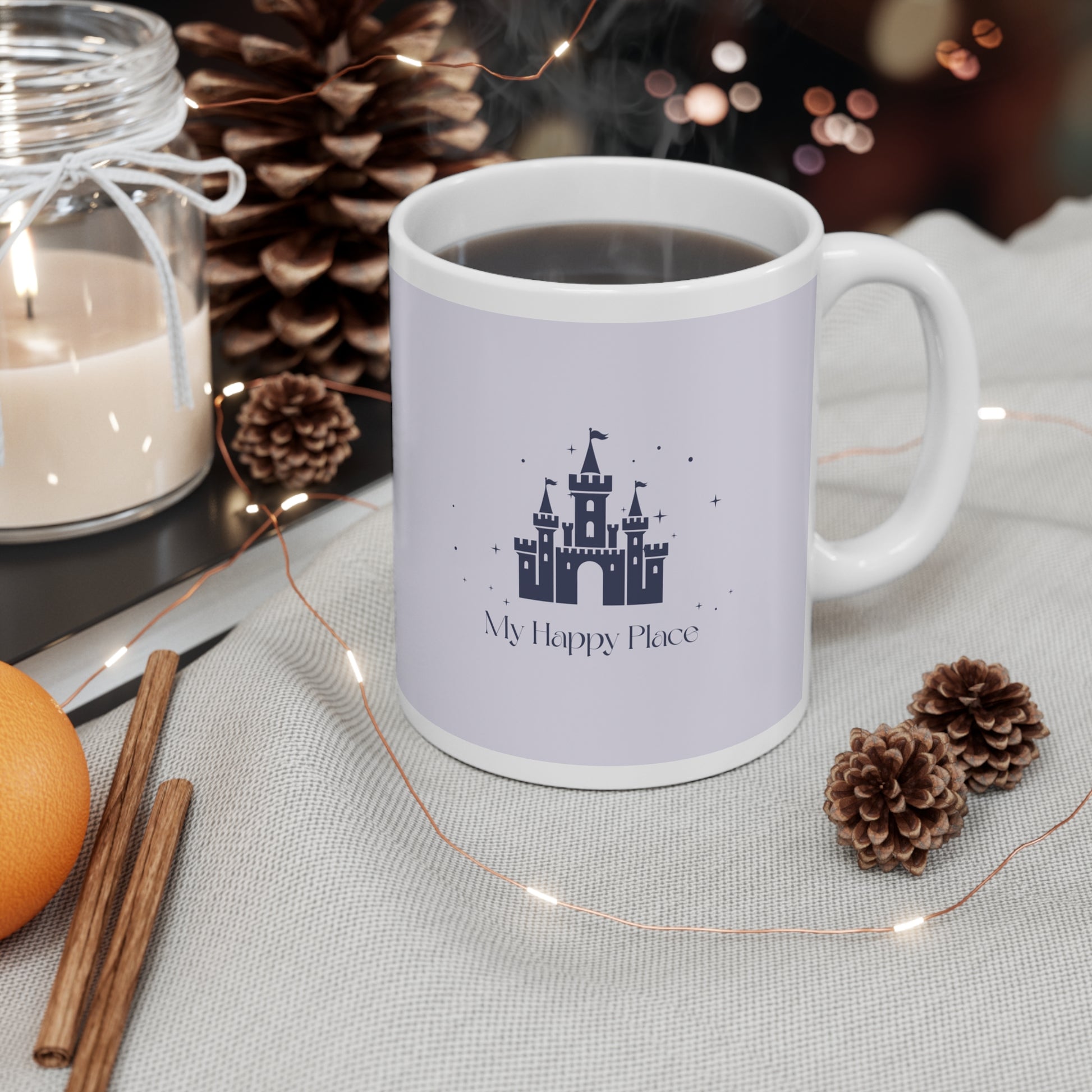 Fairytale mug with 'My Happy Place' quote in whimsical font