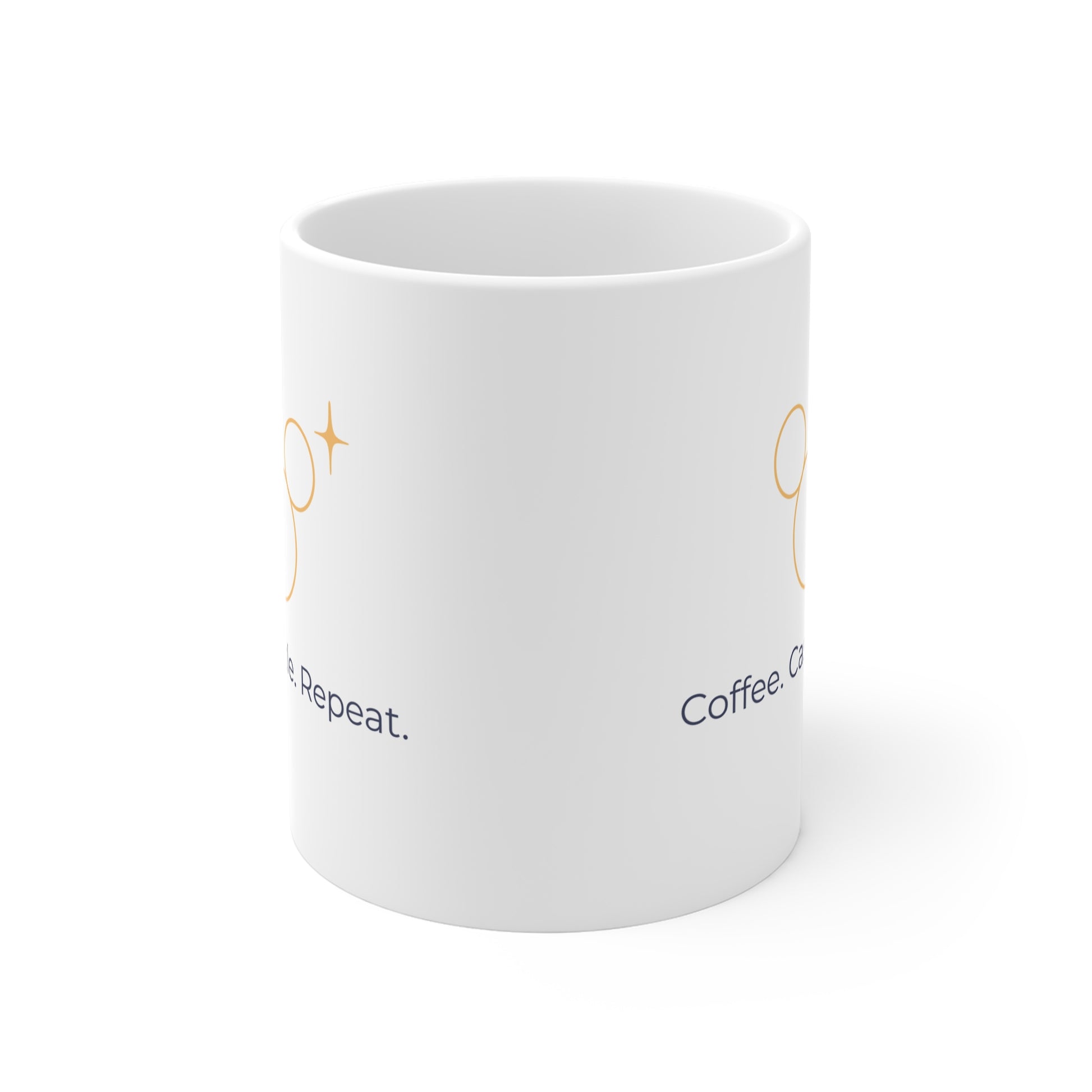 White ceramic mug with 'Coffee. Castle. Repeat.' phrase