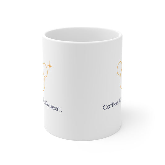 White ceramic mug with 'Coffee. Castle. Repeat.' phrase